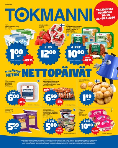 Tokmanni tarjouslehti. Voimassa: 25/06/26 - 28/06/26