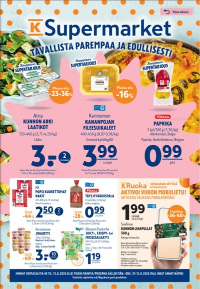 K-Supermarket tarjouslehti. Voimassa: 10/08/26 - 12/08/26