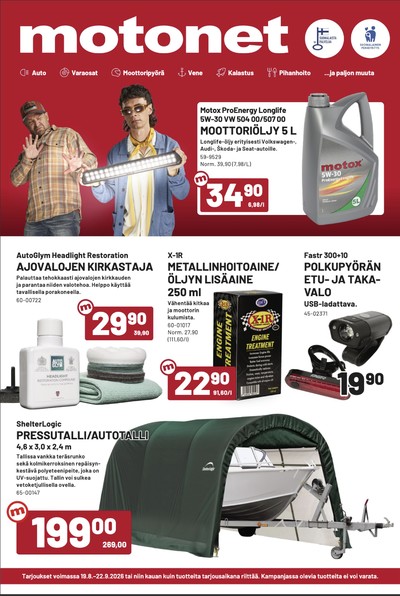 Motonet tarjouslehti. Voimassa: 19/08/26 - 22/09/26