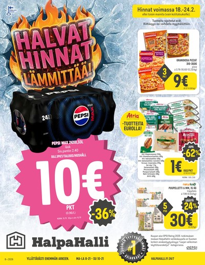 Halpa Halli tarjouslehti. Voimassa: 18/02/26 - 24/02/26